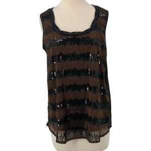 Miss Me Sleeveless Tank Top Shimmering Sequin Striped Black/Copper Metallic Sz M